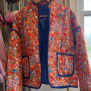 Women’s patchwork Colorful Floral Jacket with Blue Trim